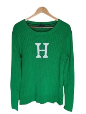 Tommy Hilfiger Green Ribbed Sweater with White 'H' Logo Sz XL